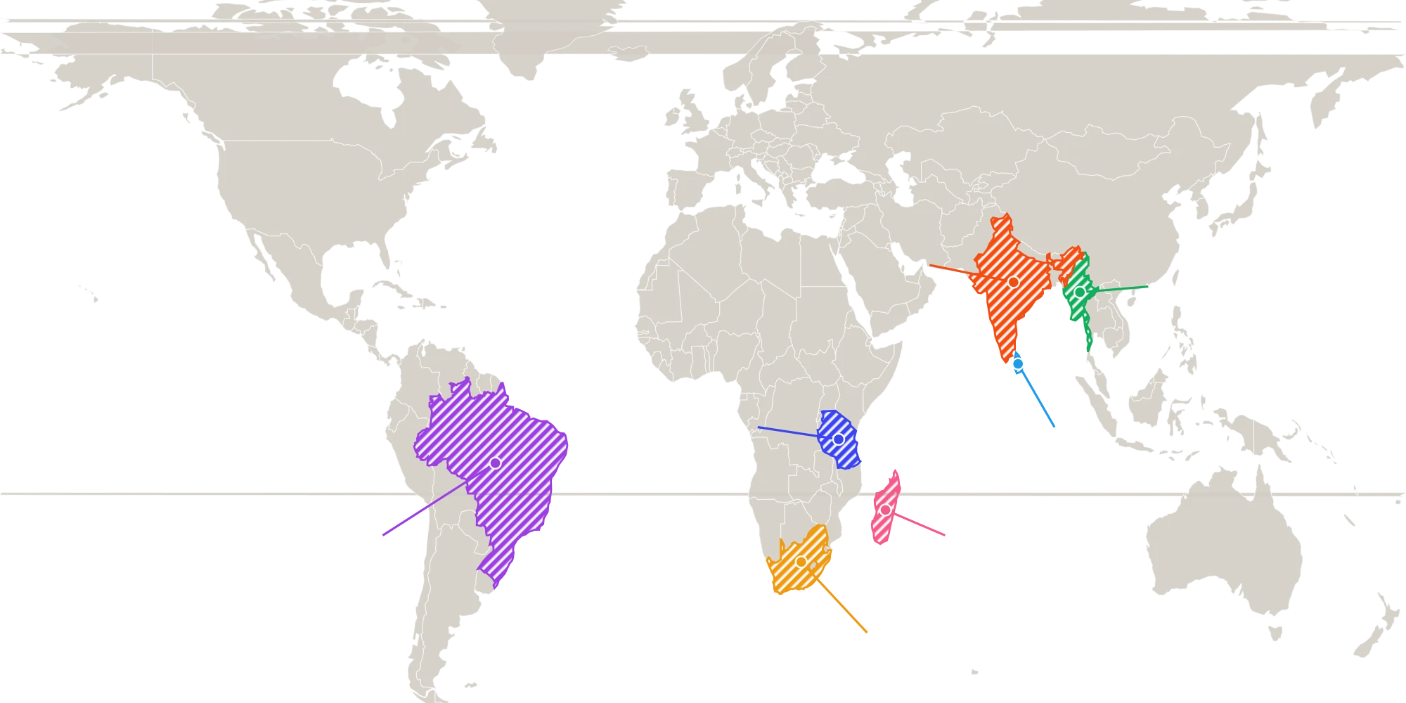 World map: Brazil, South Africa, Tanzania, Madagascar, India, Sri Lanka and Myanmar hatched in the colors of their crystals